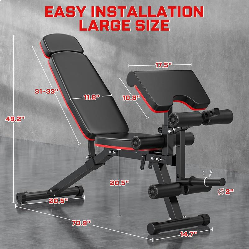 Weight Bench with Extra Headrest, Leg Extension & Preacher Pad, Bench Press for Full Body Workout in Home Gym.